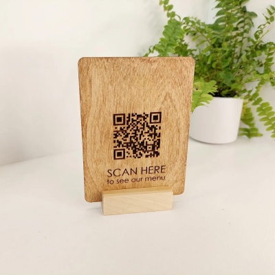 Custom Engraved Wooden QR Code Menu Sign for Cafe Bar