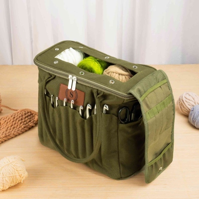 Custom Initials Canvas Knitting Bag with Handle, Large Capacity Storage Organizer for Yarn/Crochet, Mother's Day/Christmas Gift for Mom/Knitting Lover