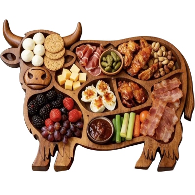 Charkuteribräda av höglandskon med graverat namn, serveringsbräda i trä med flera fack, kökstillbehör, inflyttningspresent till familjen