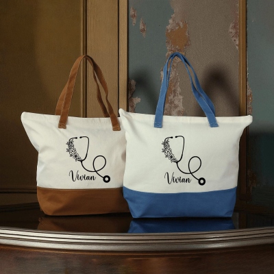 Personalized Nurse Floral Stethoscope Canvas Bag Set with Name, Multicolor Reusable Work Tote Bag & Pouch, Appreciation/Graduation Gift for Nurses