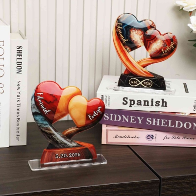 Personalized Couple Names & Date Interlocking Heart Tree Plaque, Acrylic Love Sculpture with Base, Valentine's Day/Anniversary Gift for Him/Her/Couple
