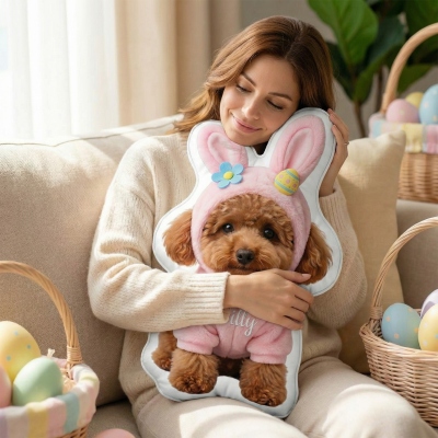 Custom Pet Photo Bunny Ears Egg Easter Pillow with Name, Cute Cat/Dog Portrait Cushion, Spring Basket Favor, Easter Gift for Pet Lovers/Owners/Family