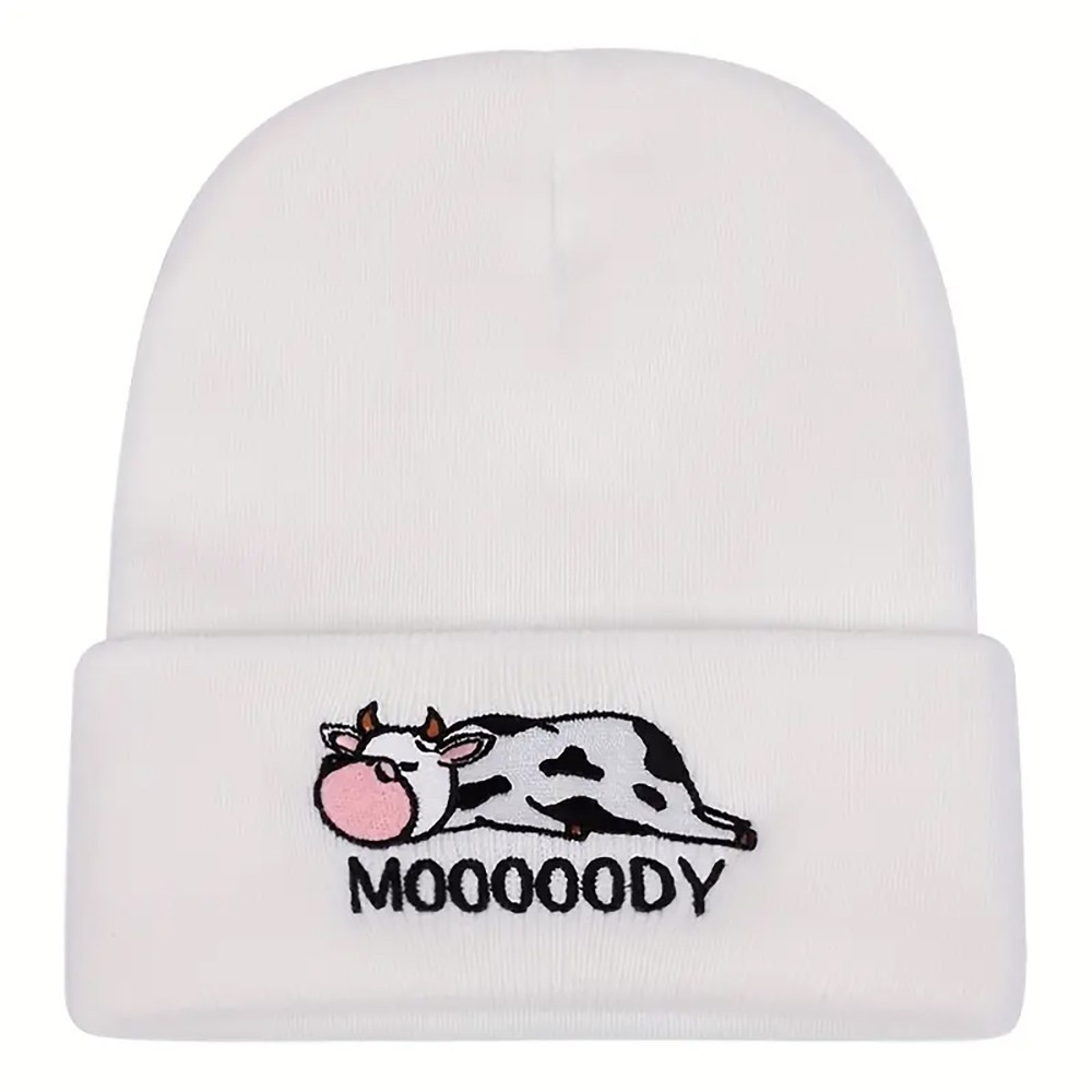 Cute Cow Embroidery Graphic Beanie Solid Color Elastic Skull Cap Lightweight Knitted Cap Cuff Beanie Hat Women Daily Use