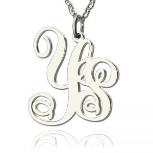 Personalized Solid White Gold Vine Font 2 Initial Monogram Necklace