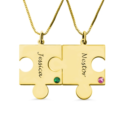 Matching Puzzle Necklace for Couple With Name & Birthstone Gold Plate