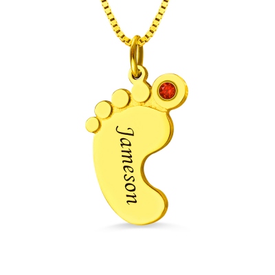 Gold Baby Foot Pendant Necklace with Birthstone & Name