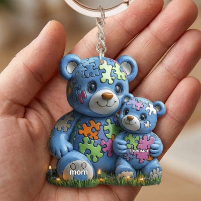 Personlig namnbjörn mamma och barn nyckelring för Världsautismmedvetenhetsdagen, lugnande ryggsäcksnyckelring, emotionellt stöd, födelsedagspresent till barn