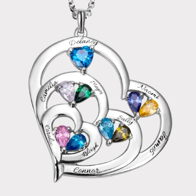 Custom 9 Heart-shaped Birthstones & Names Family Necklace