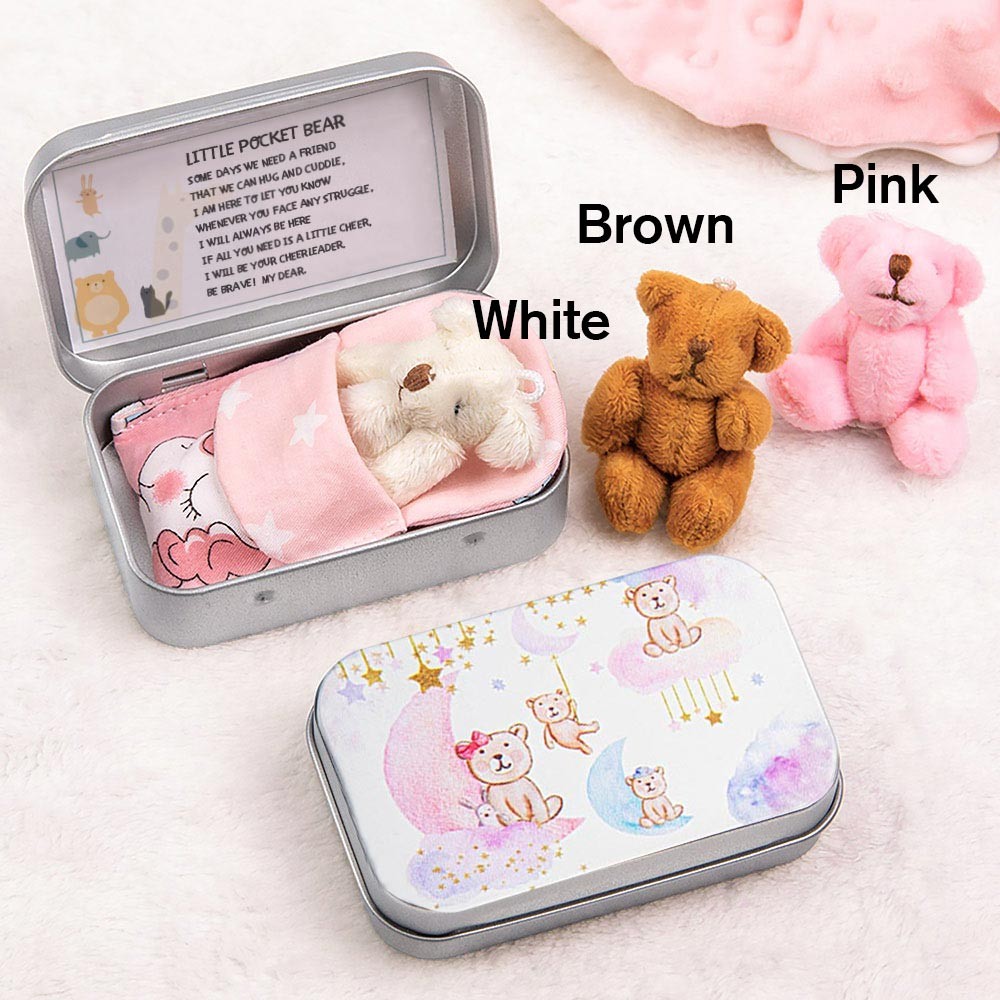 A Little Pocket Bear, Custom Stuffed Bear in a Tin, Pink Unicorn/Blue Dinosaur Quilt, Worry Doll Cute Fun Bear Pocket Hug Gift