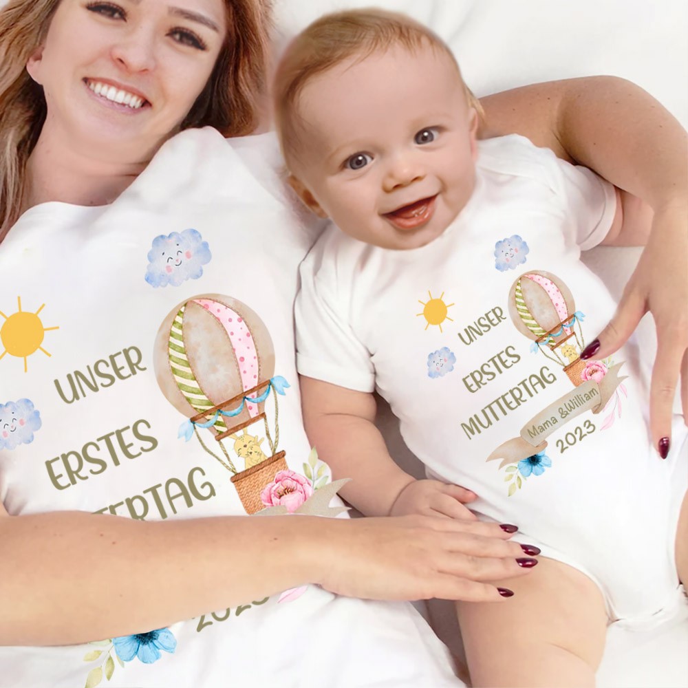 Unser erstes Set für Mutter und Baby zum Muttertag, individuell gestalteter Tier-/Muster-Babysuit und Mama-T-Shirt, personalisiertes T-Shirt und Babyromper, Geschenk für neue Mütter