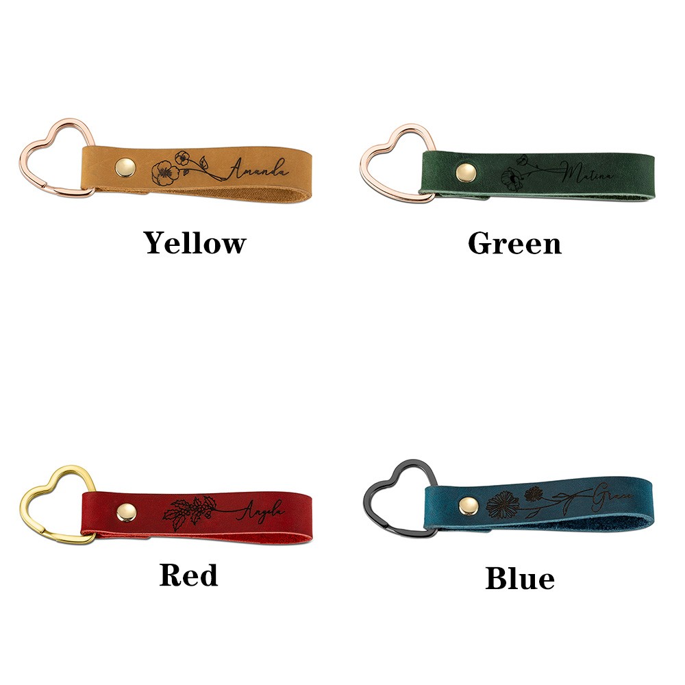 Custom Name Birth Flower Keychain, Cowhide Leather Keyring for Tote