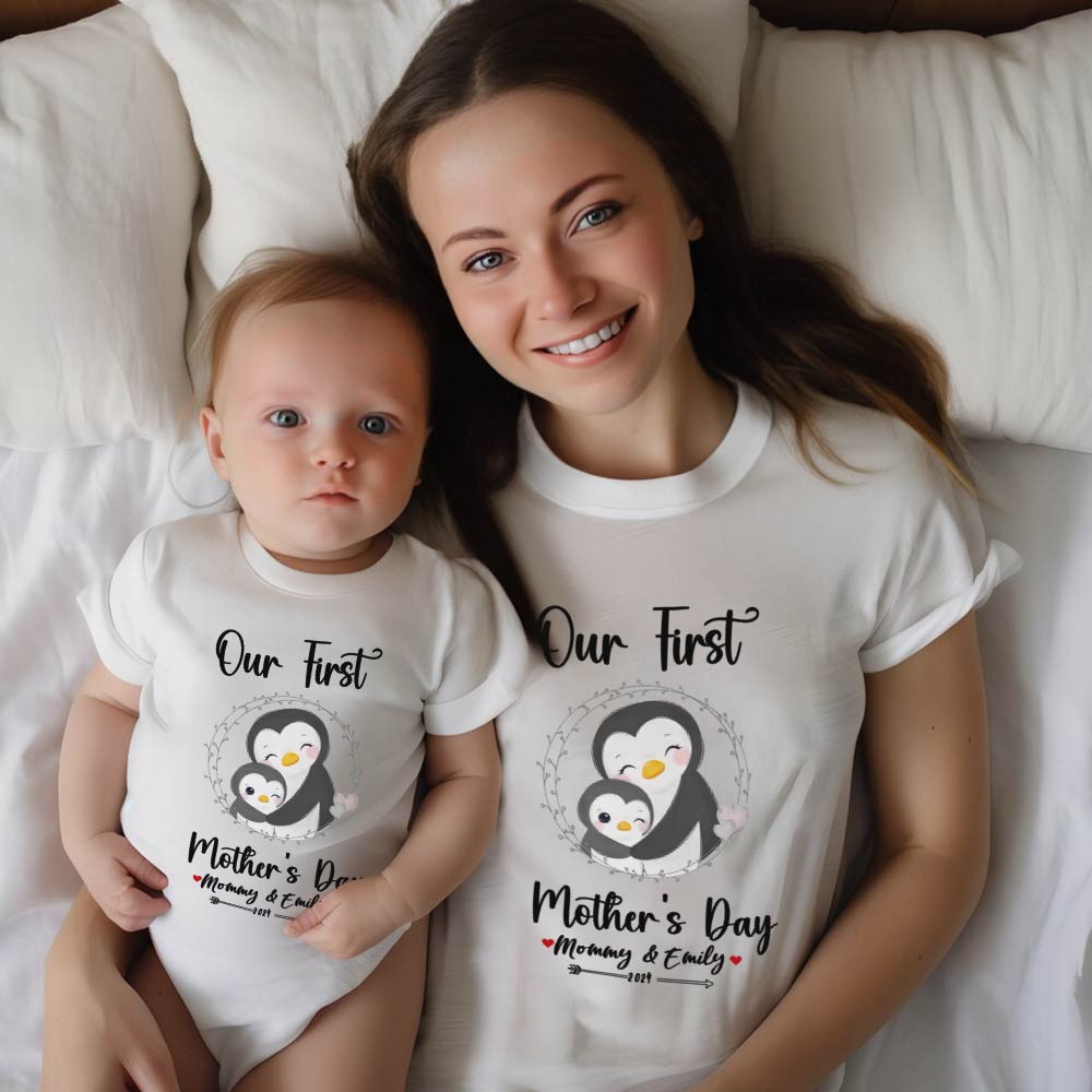 Our First Mother's Day Mom and Baby Set/Matching Shirt, Mummy and Baby Gift, Mama Baby Penguins, T-shirt Bodysuit Romper Babygrow Vest Set, New Mom Gift, Mother's Day Gift