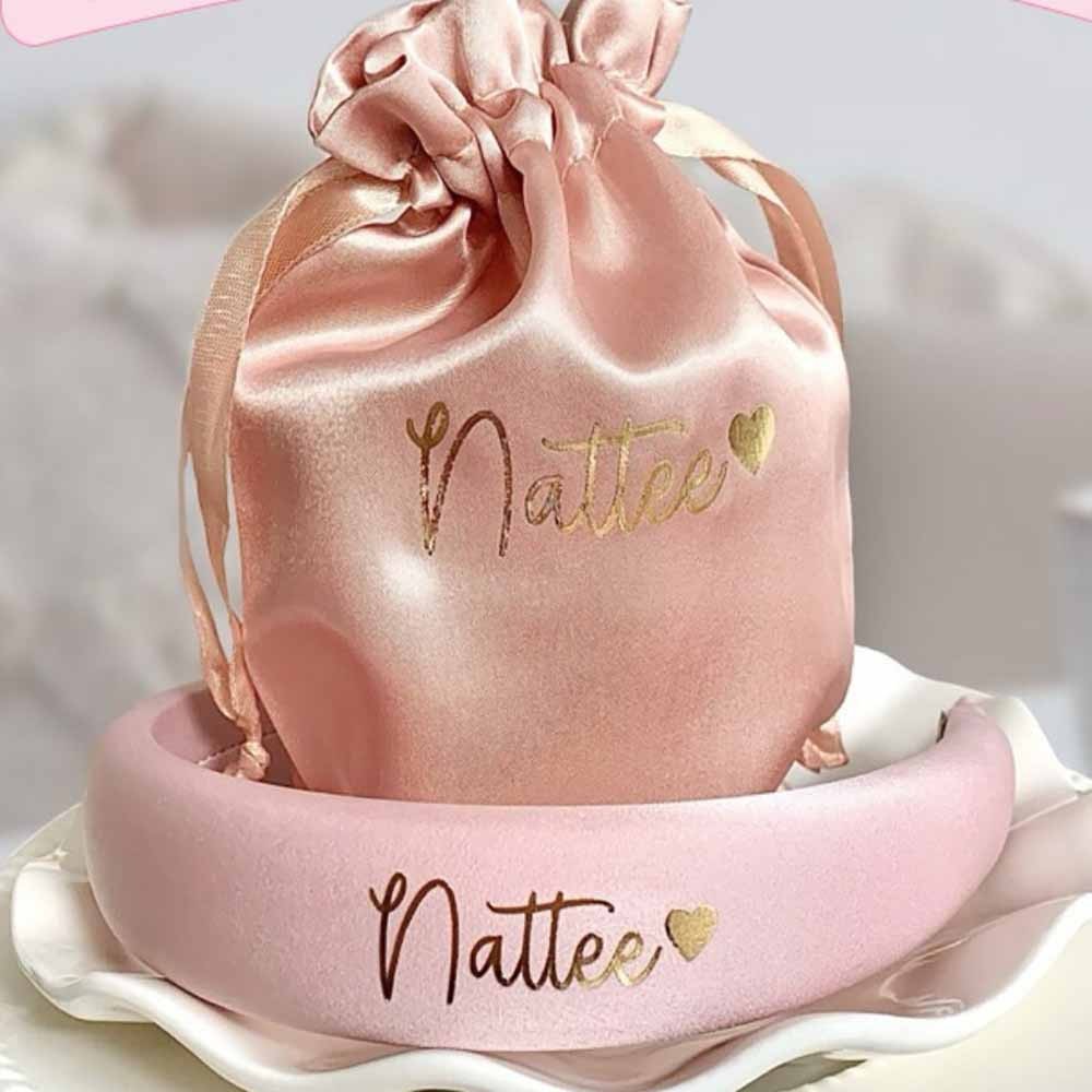 Personalized Satin Hairband & Rose Gold Pouch, Custom Name Headband with Pouch, Bridal Shower Gift, Gifts for Bridesmaids
