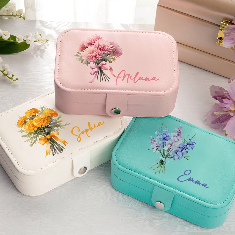 Personalized Name Birth Flower Jewelry Box, PU Leather Flower Bouquet ...