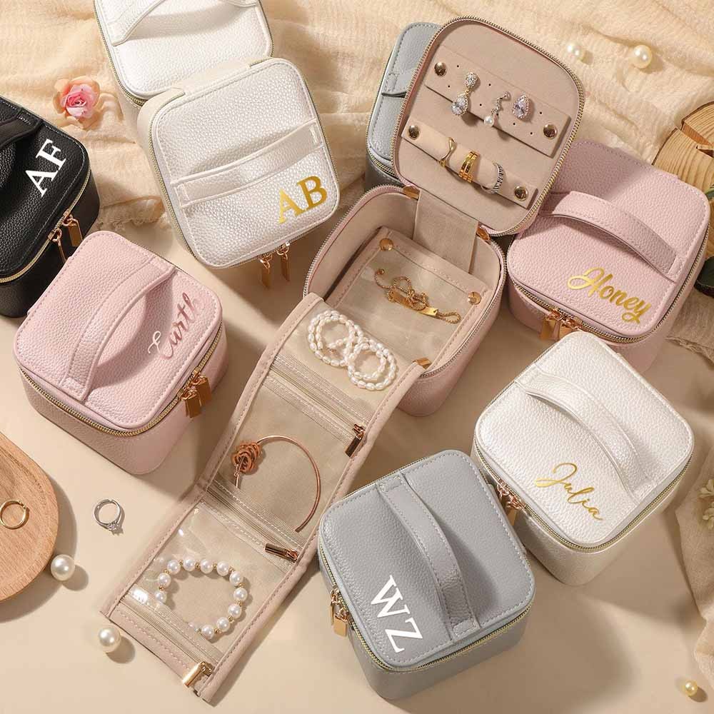 Personalized Leather Jewelry Box, Name Travel Jewelry Case, Bridesmaid Proposal, Custom Bridal Party Gift, Wedding Favor, Valentines Day Gifts
