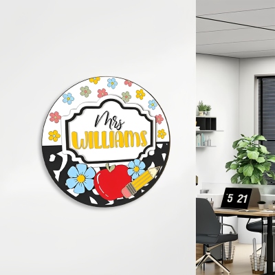 Personalized Teacher's Name Round Doorplate, Pencil Apple Bow Flower Welcome Sign, Classroom Decor, Appreciation/Back to School Gift for Teachers