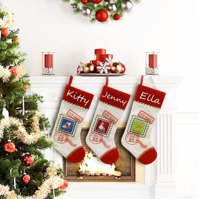 Personalized Embroidered Name Christmas Stocking, Knitted Family Stamp Design Stocking, Winter Holiday Home Decor, Christmas Gift for Family/Kids