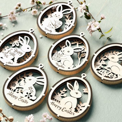 Personlig kanin påskägg blommig laserskuren ornament med namn, söt 3D-lagerhängande dekor, påskminne, påskpresent till barn/familj/vänner