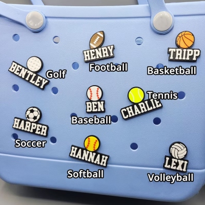 Sports-Themed Personalized Bogg Bag Charm, Handbag Accessory with Your Name or Favorite Ball, 3D Printed Plastic