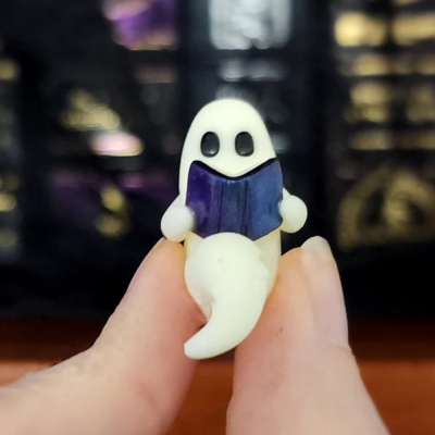 Pet Ghost Reading a Book, Miniature Shelf Sitter Figurine, Handmade Halloween Decoration, Spooky Cute Glow in the Dark
