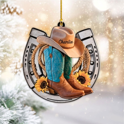 Custom Name Western Christmas Ornament, Horseshoes Christmas Tree Hanging Ornament, Holiday Home Decor, Christmas Gift for Cowboy Lovers/Family/Kids