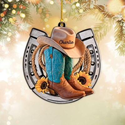 Custom Name Western Christmas Ornament, Horseshoes Christmas Tree Hanging Ornament, Holiday Home Decor, Christmas Gift for Cowboy Lovers/Family/Kids