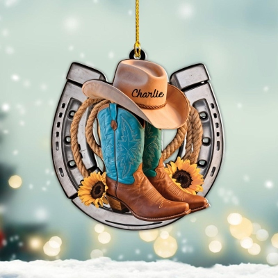 Custom Name Western Christmas Ornament, Horseshoes Christmas Tree Hanging Ornament, Holiday Home Decor, Christmas Gift for Cowboy Lovers/Family/Kids