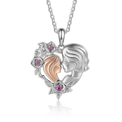 Grandmother and Granddaughter Rose Birthstone Heart Necklace, Sterling Silver 925 Flower Heart Pendant, Birthday/Mother's Day Gift for Grandma/Mom