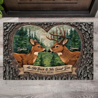 Personalized Names Deer Love Heart Doormat, Sweet Non-slip Floor Mat, Rustic Home Decor, Housewarming/Valentine's Day Gift for Hostess/Couple/Family