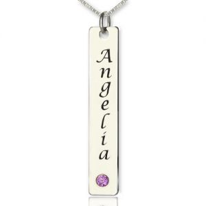 Vertical Bar Necklace Name Tag Silver with Birthstone