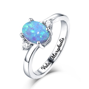 Crafted Blue Oval Opal Ring with Engraved in Sterling Silver