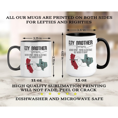 Anpassad amerikansk statskarta med långdistansmugg för syskon och namn, 11oz/15oz tvåfärgad keramisk kaffemugg, långdistanspresent/födelsedagspresent till familj/syster/bror
