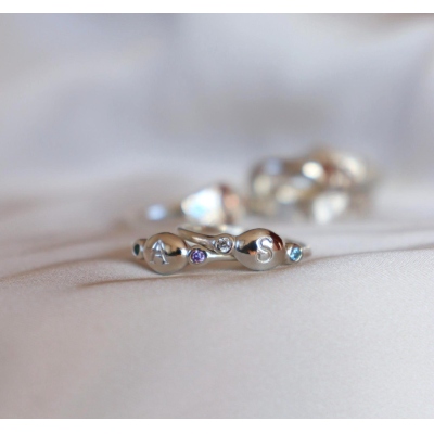Custom Double Birthstone & Initial Bubble Ring, Sterling Silver 925 Gemstone Ring for Women, Birthday/Mother's Day/Christmas Gift for Her/Mom/Bestie