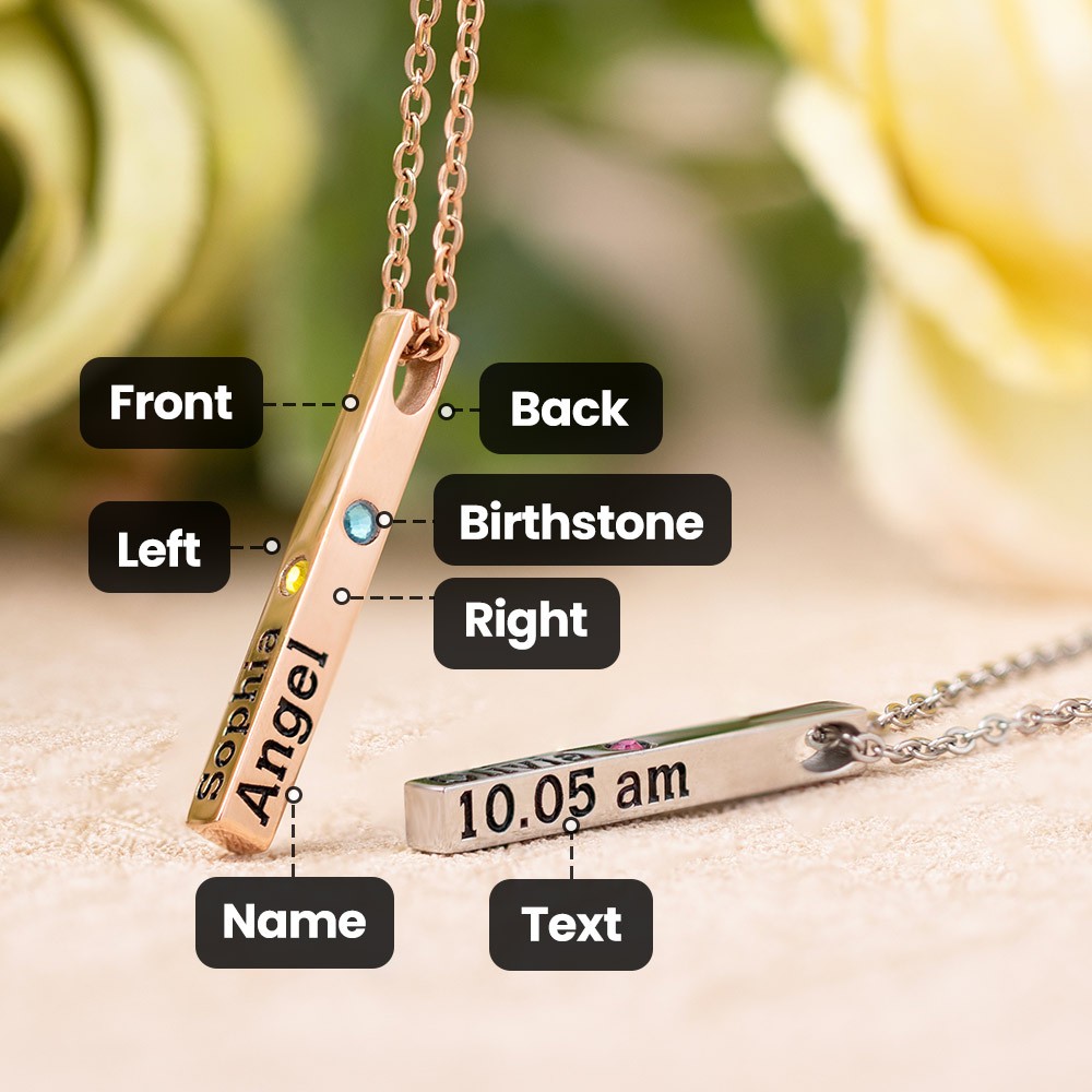 Personalized Engraved Birthstone Necklace with Name, Newborn Name&Date Memorial Necklace, 4-Sided Bar Necklace With Birthstone, Gift for New Mom