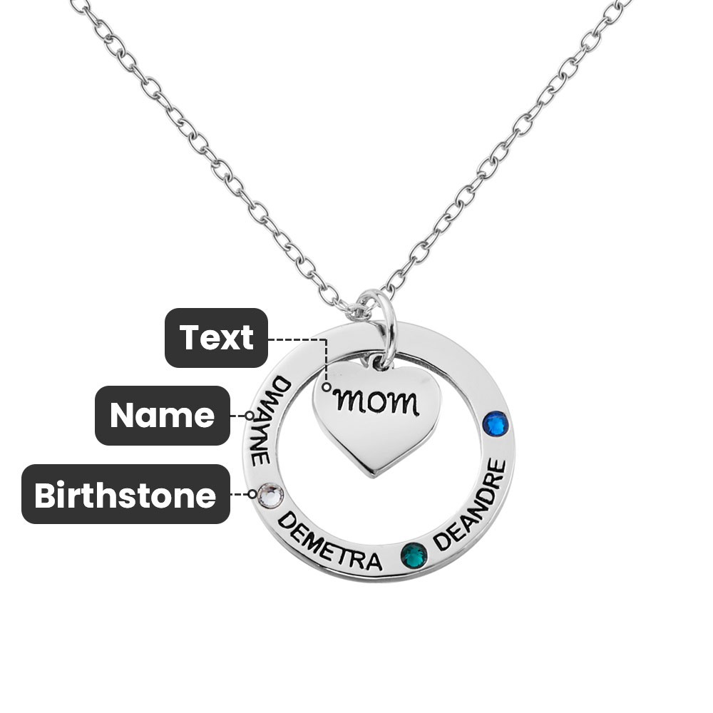 Birthstone Necklace with Heart & Ring Pendant, Necklace with Custom 1-7 Birthstones & Names, Jewelry for Grandma/Mother