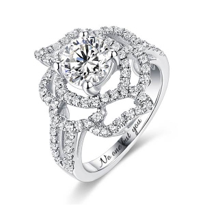 Engraved Gemstone Floral Wedding Ring In Silver