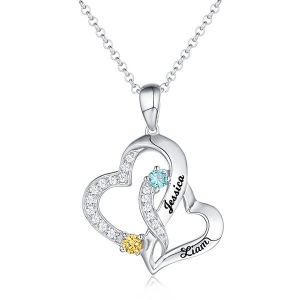 Glossy Personalized Double Heart Necklace with 2 Names & Birthstones Sterling Silver