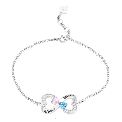 Personalized Dual Hearts Infinity Birthstones Silver Bracelet