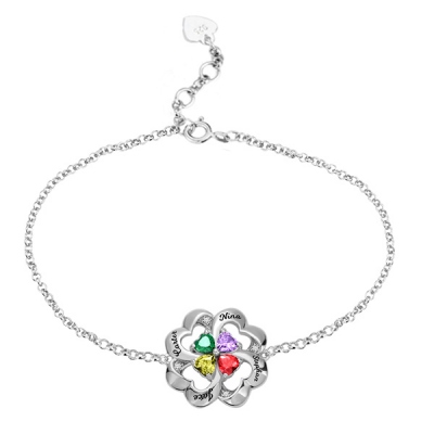 Personalized Four Heart Birthstone Bracelet in Silver