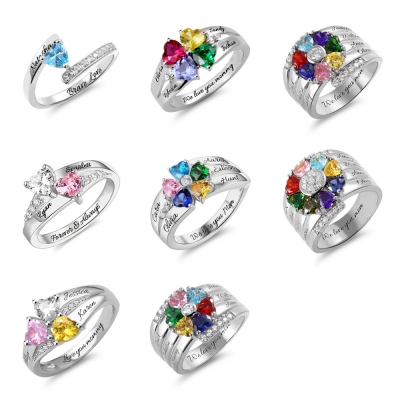 Personalized Heart Birthstone Ring With Engraving Silver