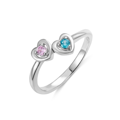 Personalized Double Heart Birthstone Promise Ring for Love in Silver