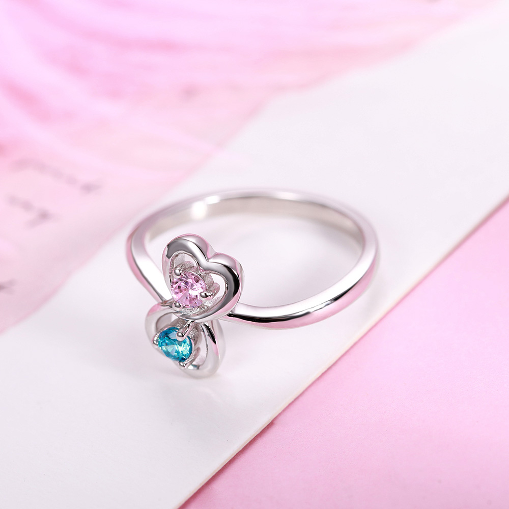 Personalized Double Heart Birthstone Promise Ring for Love in Silver