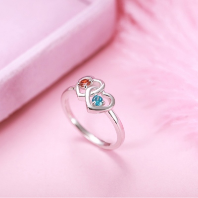 Personalized Double Heart Birthstone Promise Ring for Love