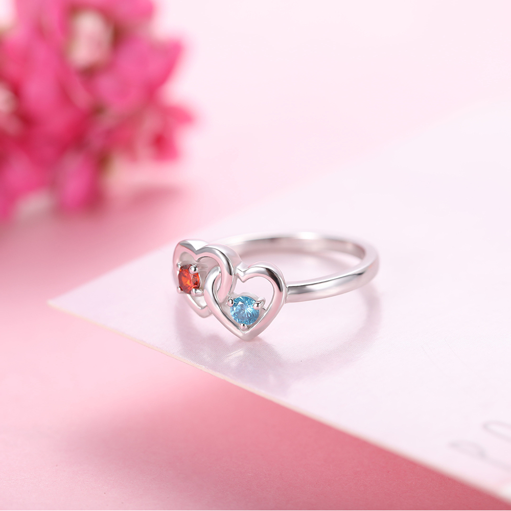 Personalized Double Heart Birthstone Promise Ring for Love in Silver