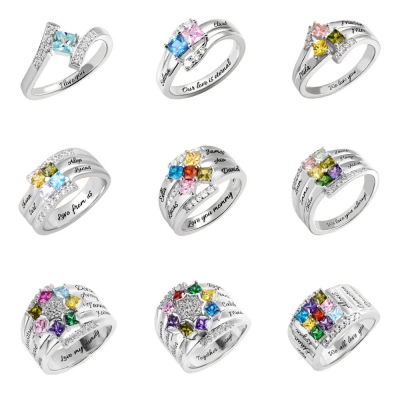 Customized One to Nine Square Birthstones Silver Engraved Ring