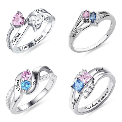 Personalized Engraved Dual and Diverse Birthstones Promise Ring