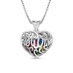 Personalized Birthstone Heart Cage Necklace Sterling Silver