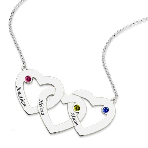 Engraved 1-5 Intertwined Hearts Birthstones Sterling Silver Necklace