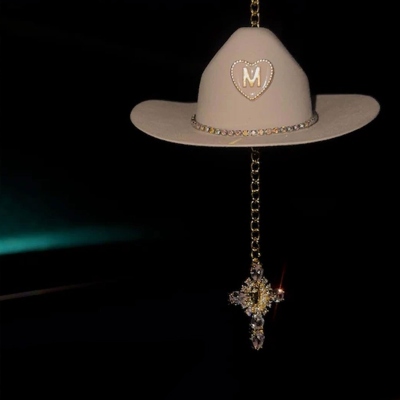 Custom Initial Virgin Mary Cross Car Charm with Mini Cowboy Hat, Western Rosary Charm, Rear View Mirror Decor, Christian Gift for Her/Mom/Family