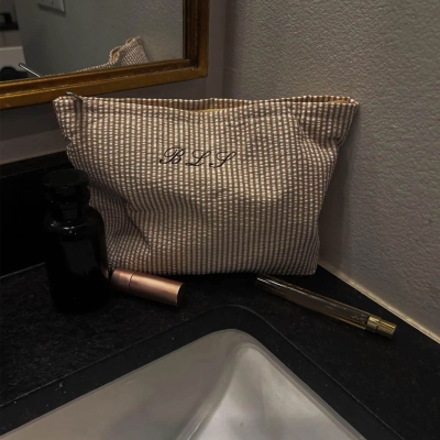 Personalized Name Embroidered Seersucker Makeup Bag and Cosmetic Pouch Set, Stripes Travel Cosmetic Bag, Bridal Shower Favor, Gift for Her/Mom/Women